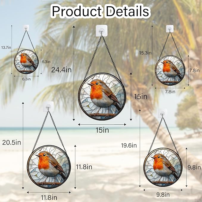 AMDERVEN Stained Glass Window Hanging - Orange Grey Robin Sun Catcher for Door Garden Home Decor Bird Lovers Suncatcher Christmas Mother's Day Birthday Gifts for Women Men Mom Nana 11.8 in