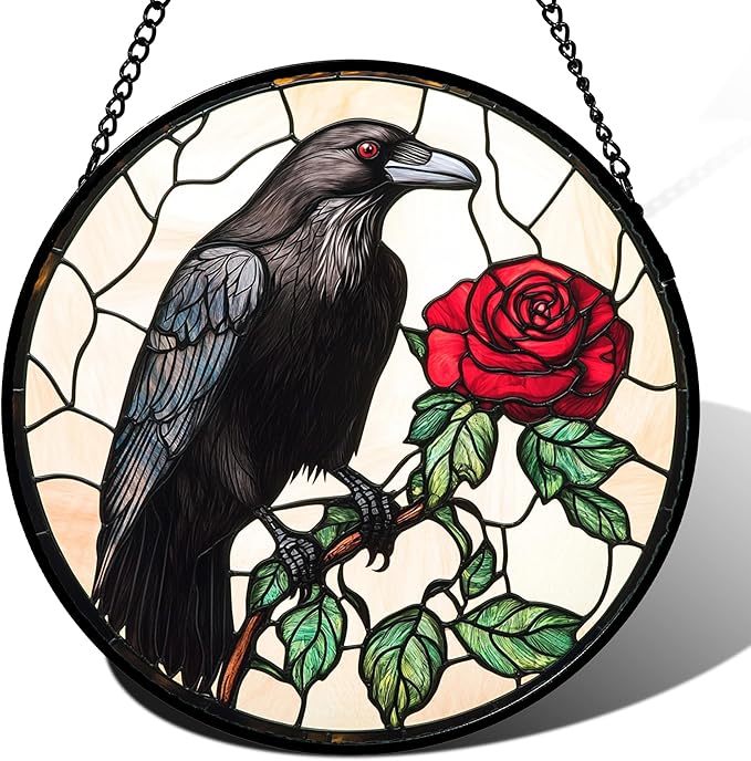Stained Glass Window Hanging - Black Crow Red Rose Suncatcher for Doors Garden Patio Bird Sun Catchers Decor Christmas Mother's Day Birthday Gifts for Women Men Mom Nana Friend 15 in