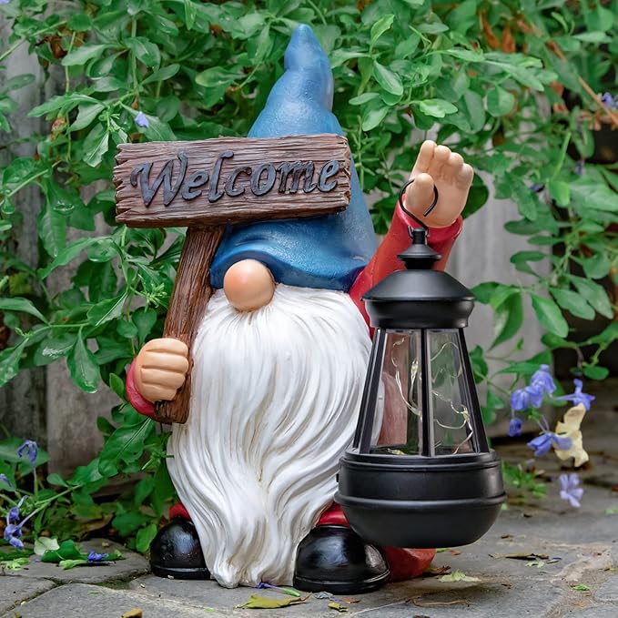 Garden Gnome Outdoor Decoration Solar Gnomes Statue with Lantern LED Lights,Terrace Courtyard Lawn Patio Porch Fall Decoration Halloween Christmas Housewarming Gift for Mom Women, Gnome Blue