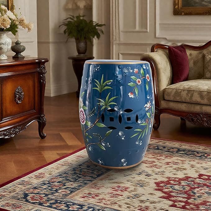 Ceramic Garden Stool, Hand-Painted Decorative Drum Accent Table for Indoor & Outdoor Use, Glazed Blue & White Chinoiserie Plant Stand, Side Table for Patio, Living Room, Bedroom, Balcony