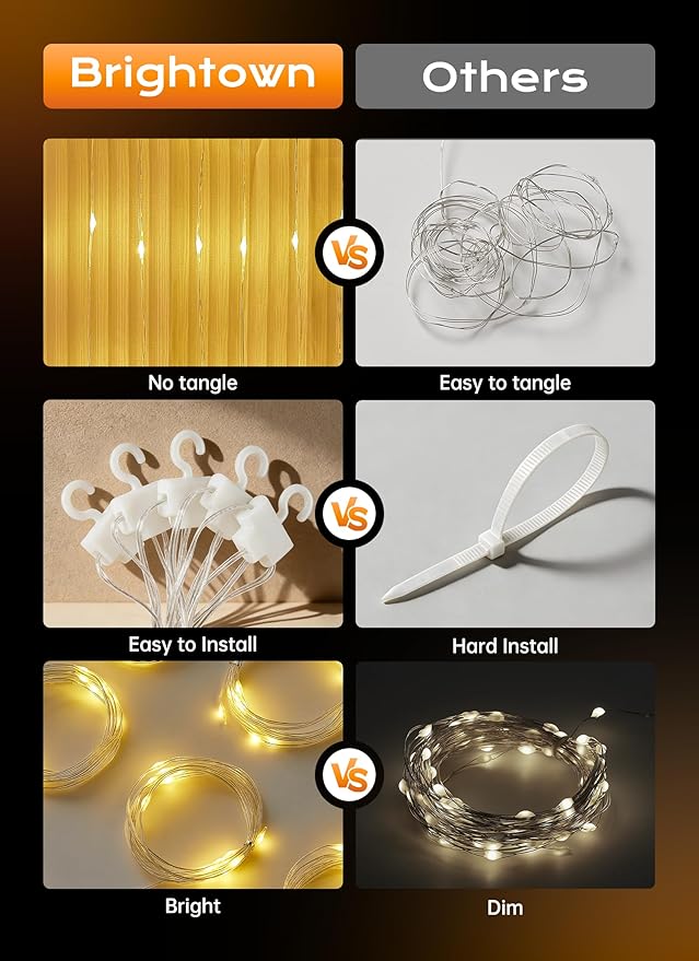 Brightown 180 LED Shower Curtain Fairy Lights, 70 Inch Warm White Waterproof Battery Operated String Light, 8 Modes, Battery Powered Christmas Light for Indoor Outdoor Decor(No Curtain)