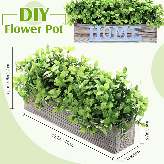 Lyrow 2 Pack Artificial Eucalyptus Plant in Rectangular Rustic Wooden Planter Box Faux Potted Herb Plant Table Centerpiece for Kitchen Windowsill Shelf Decor (White,16 '')