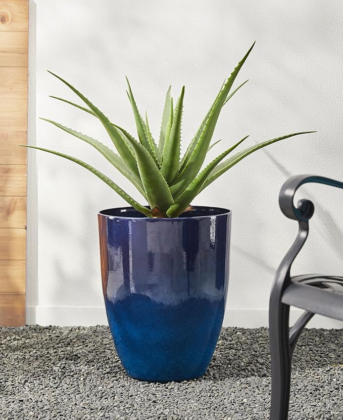 Glitzhome 16.75" H Garden Tall Planter Pots,Set of 2 Morden Round Faux Ceramic Tall Planter with Drainage Holes,Large Flower Pots for Outdoor Indoor,Cobalt Blue