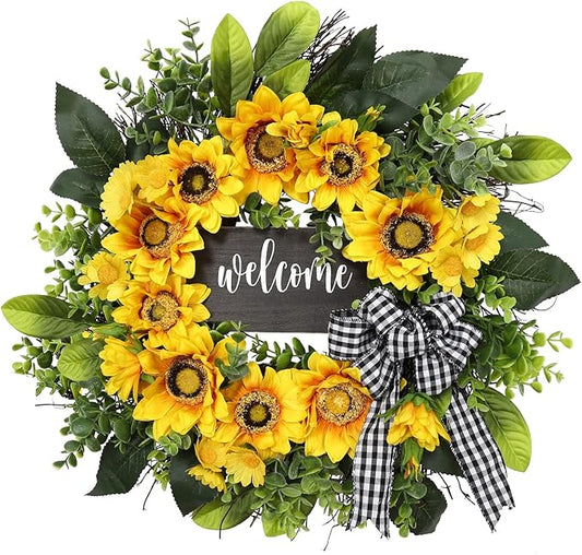 sunflower wreath with welcome,spring summer wreath for front door, unique housewarming gift,mother'day gift,farmhouse porch decor,sunflower wall decor,wedding favors,year round wreaths-20inch