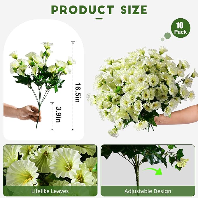 Artificial Morning Glory Flowers Plants for Outdoor 8 Pcs Faux Silk Petunias Flower Realistic Faux Flowers Plants for Outside Planter Porch Yard Patio Balcony Home Indoor Decor (8 Pcs Beige)