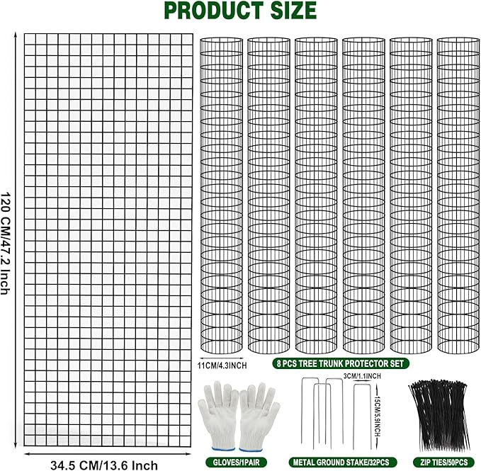 8 Pcs Metal Tree Trunk Protector Guard, 48" Mesh Tree Guards Trunk Protector with Zip Ties, Glove & Metal Stake, Tree Protector from Deer, Protect Bark & Saplings from Mower, Deer & Other Animals