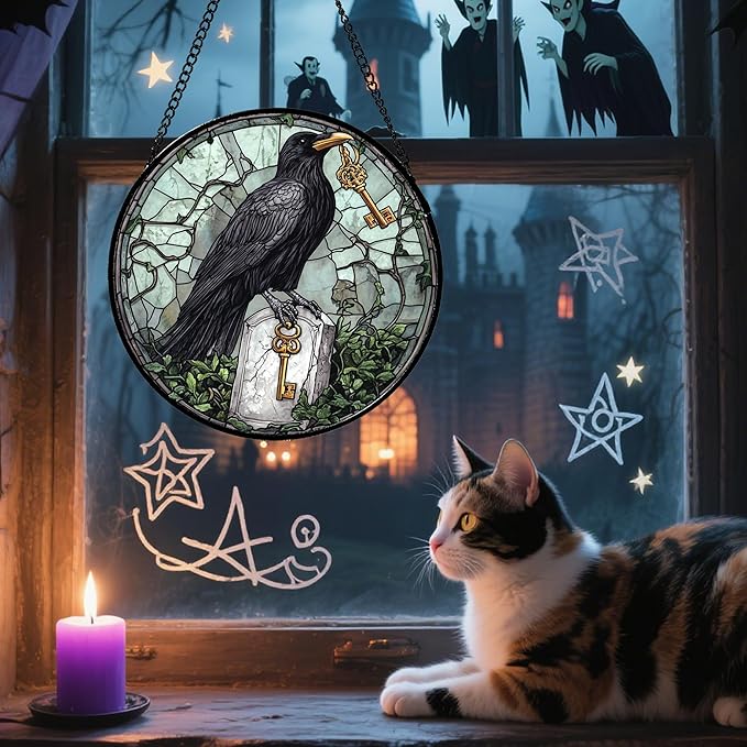 Stained Glass Window Hanging - Halloween Crow Holding A Key Suncatcher for Doors Garden Home Spooky Green Vines Sun Catchers Gothic Decor Horror Gift for Women Men Friend Boy Girl 11.8 in