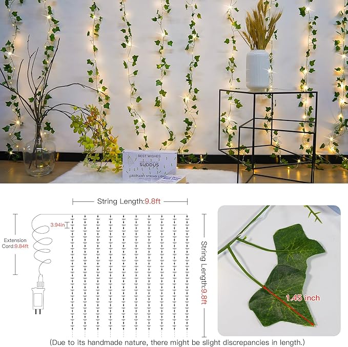 suddus 300 LED Vines with Lights Plug in, 9.8ft x 9.8ft Fairy Lights with Vines, Ivy Curtain Lights for Wall, Bedroom, Dorm, Wedding, Party, Indoor, Outdoor Decor(Warm White)