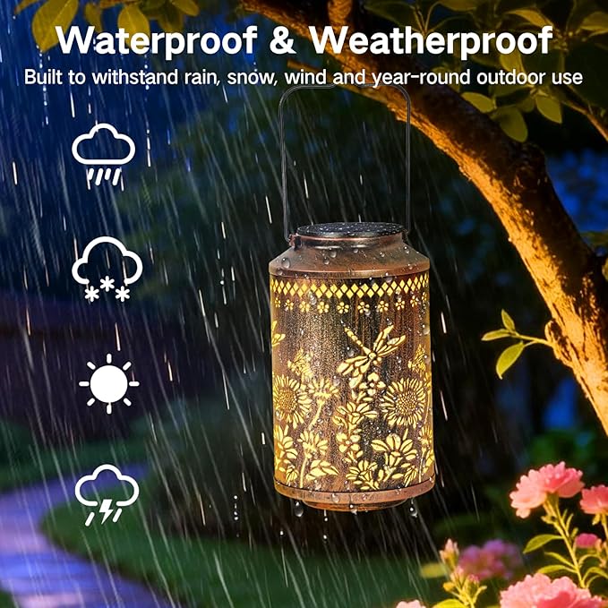 OUTONLIFE Dragonfly Outdoor Solar Lanterns, Waterproof Metal Hanging Solar Lights for Outside Yard, Garden, Patio, Lawn, Pathway Decorations, Birthday Gifts for Women Mom Grandma