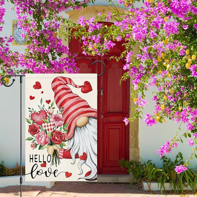 Louise Maelys Hello Love Valentine's Day Garden Flag Gnome Floral Heart 12x18 Inch Double Sided Welcome Small Burlap Spring Holiday Yard Outdoor Home Decor