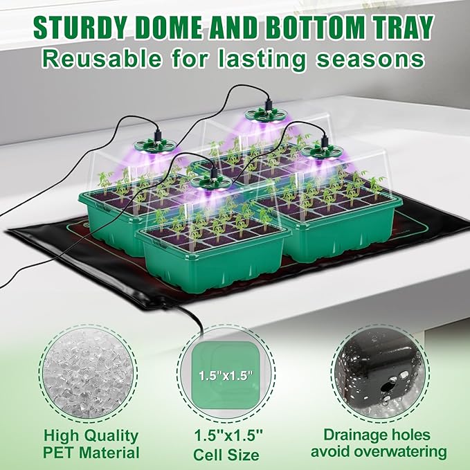 Seed Starter Tray with Grow Light & Heat Mat - 48 Cell Durable Easy Use Seed Starter Kit for Beginners, Thriving Seedling Germination Kit with Humidity Domes for Indoor Plant Growing Propagation