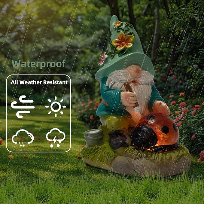Garden Solar Gnomes Outdoor Statues with Ladybug Flower Gnome Outdoor Decor for Patio, Balcony, Lawn, Yard Ornament - Garden Gifts for Mothers Day, Housewarming, Festival