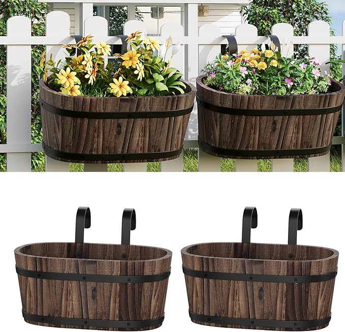 Wooden Hanging Planter for Railing Fence Outdoor Planter Railing Planter Boxes for Plants Wall Planters Window Flower Box Hanging Bucket Pots Countryside Plant Holder (Carbonized,2pcs,Large)