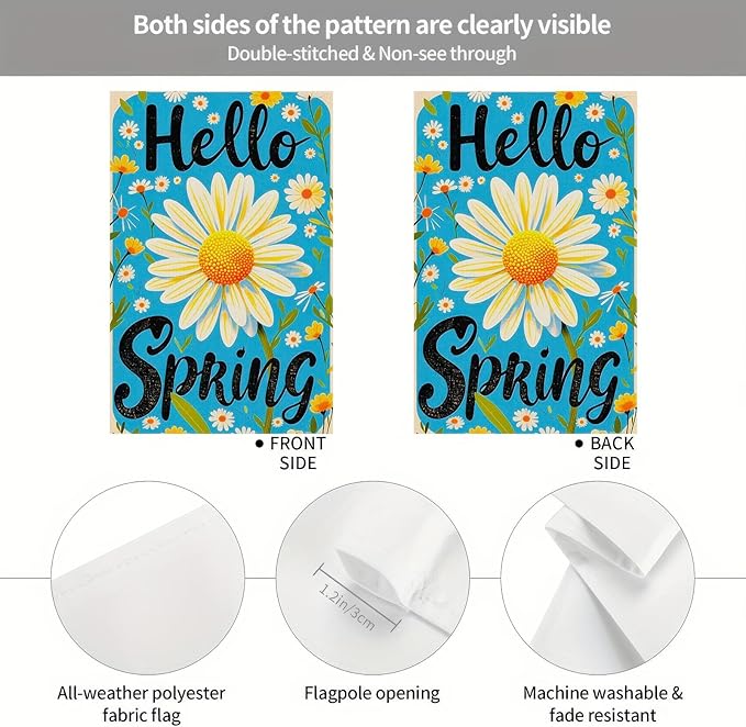 Spring Garden Flag Spring Yard Flag Vibrant Daisy "Hello Springs" Backdrop Design Double-Sided 12x18 Inches Garden Flags for Outside Yard Flag for Seasonal Outdoor Decor