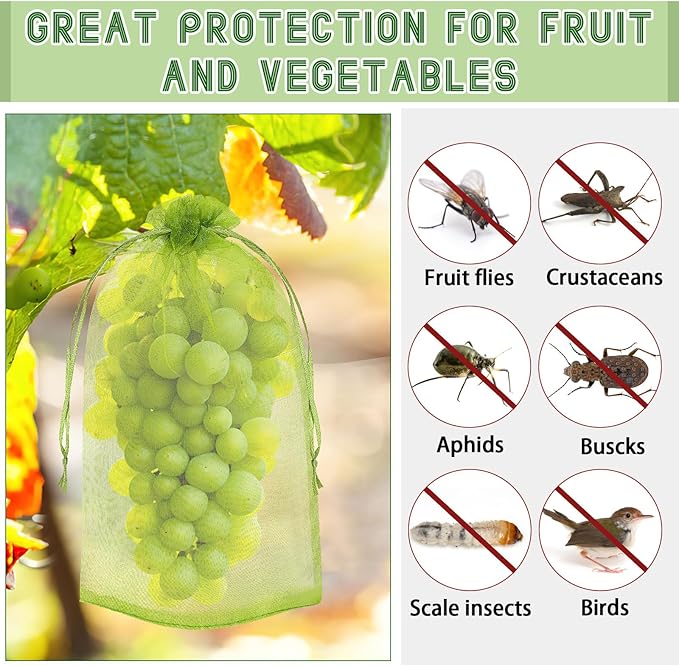 DECYOOL 120 PCS Fruit Protection Bags 8x12 inch, Green Fruit Bags for Fruit Trees Fruit Netting Cover Drawstring Mesh Bags Suit for Mangoes Tomatoes Fruit Trees Veggies Garden