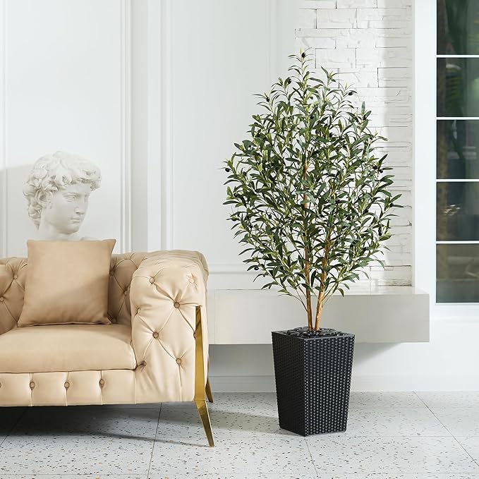 VeriNatural Artificial Olive Tree 5FT - Tall Faux Olive Trees with Natural Wood Trunk, Silk Leaves, Black Taper Planter & Pebbles, UV Resistant Fake Plants Indoor for Home Decor, Office,Outdoor,VN131