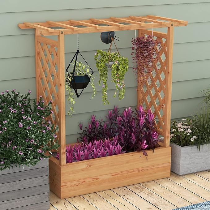 HAPPYGRILL Raised Garden Bed with Trellis, 2 Pack Freestanding Wood Planter Box w/Hanging Roof & 4 Drainage Holes for Vine Climbing Plants Flowers, Outdoor Planter with Trellis for Garden Patio Yard
