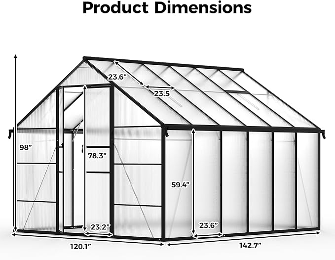 10x12 FT Greenhouse for Outdoors, Polycarbonate Greenhouse with Roof Vent, Enhanced Aluminum Large Walk-in Green House for Garden Backyard