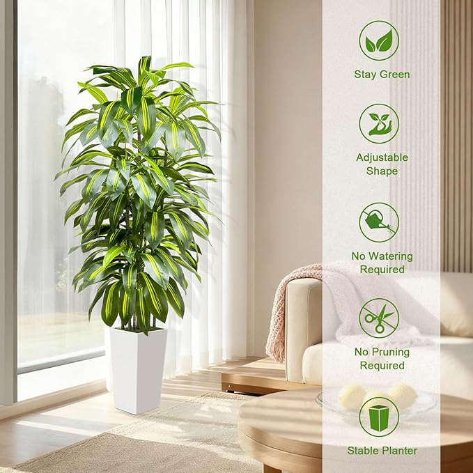 6FT Fake Tall Plant Artificial Dracaena Tree Indoor Faux Plants Indoor Luxury Fake Plants for Living Room Decor Artificial Tree Floor Plant White Planter
