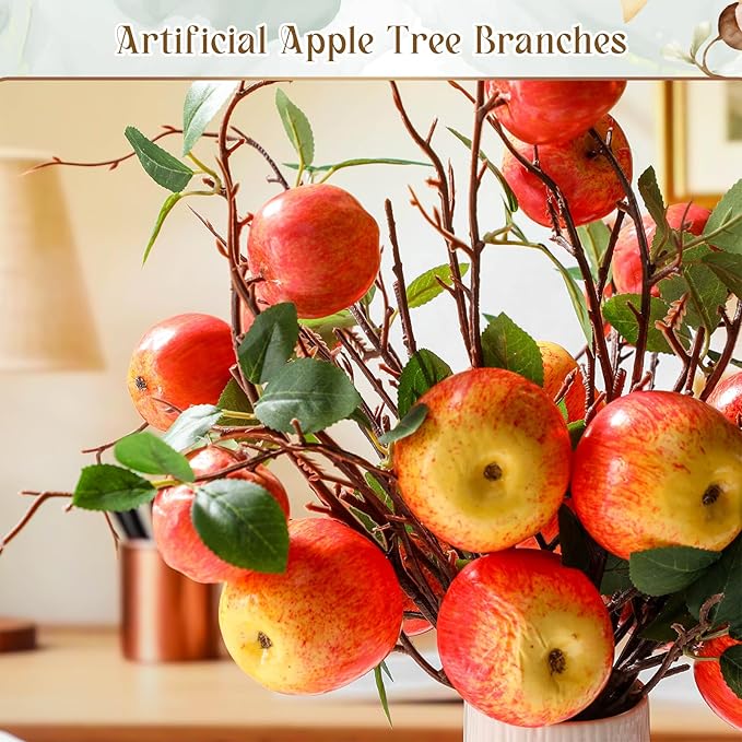 10 Pcs 17.72 Inches Artificial Fake Apple Branches Realistic Tall Apple Bouquets Tree Branch with Long Stem and Green Leaves Fruit Plant for Home Office Vase Filler Shop Decoration