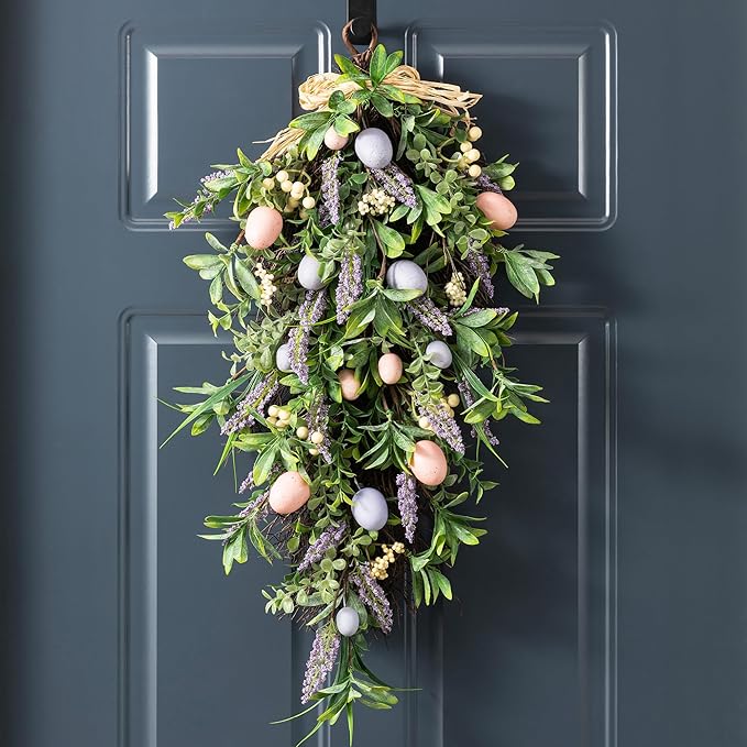 Glitzhome Easter Teardrop Wreath 28" Spring Easter Egg & Lavender Wreath Artificial Teardrop Swag for Front Door Porch Wall Decor