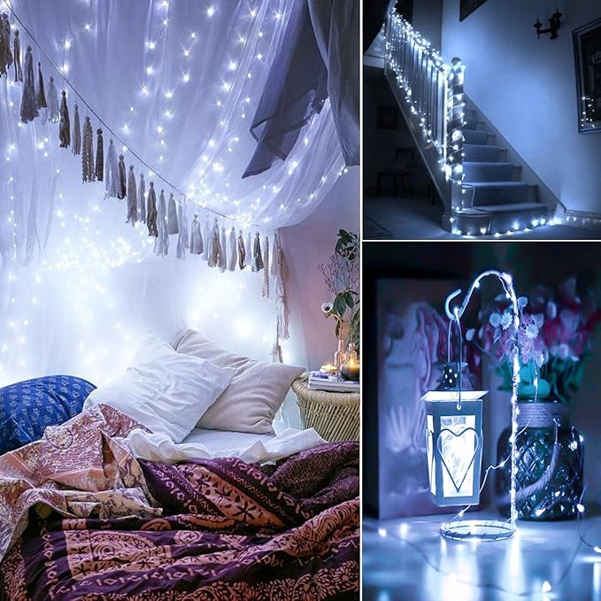 4 x Fairy Lights Battery Operated, Silver Wire Chains 8 Mode 5M 50 LEDs Timer String Lights with Remote Control for Bedroom Christmas Party Wedding Decoration