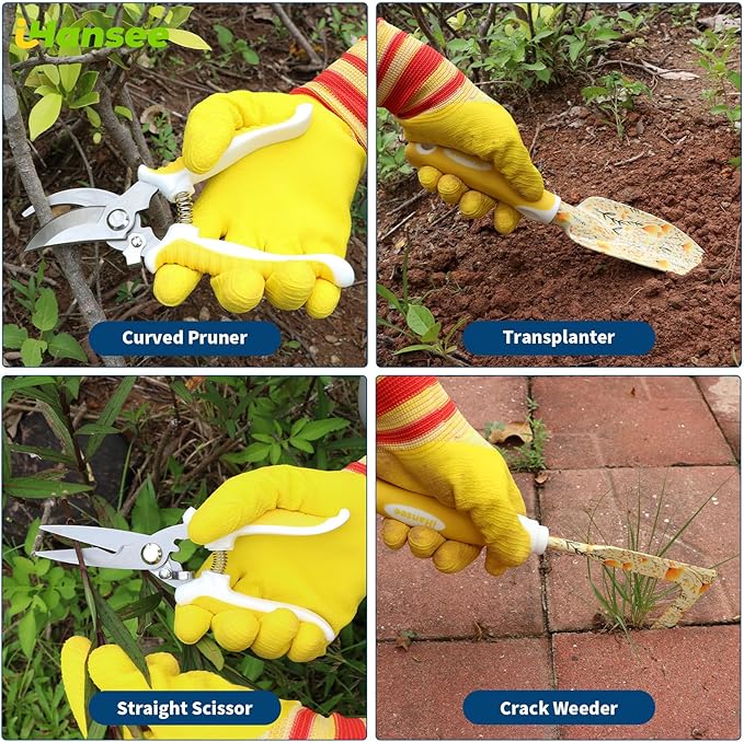 iHansee 10-Piece Yellow Gardening Tools, Thanksgiving/Christmas/White Elephant Gifts for Women Adults, Birthday Gardening Gifts for Mom Grandma Gardener Wife, Floral Garden Tool Sets with Garden Tote