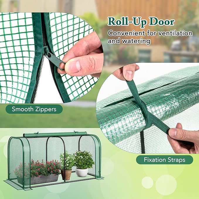 Toolsempire Raised Garden Bed with Greenhouse, Waterproof Sun-Protective Green House with Roll-Up Door & Electroplated Metal Frame, Fir Wood Elevated Planter Box with Drainage Holes(Green+Gray)