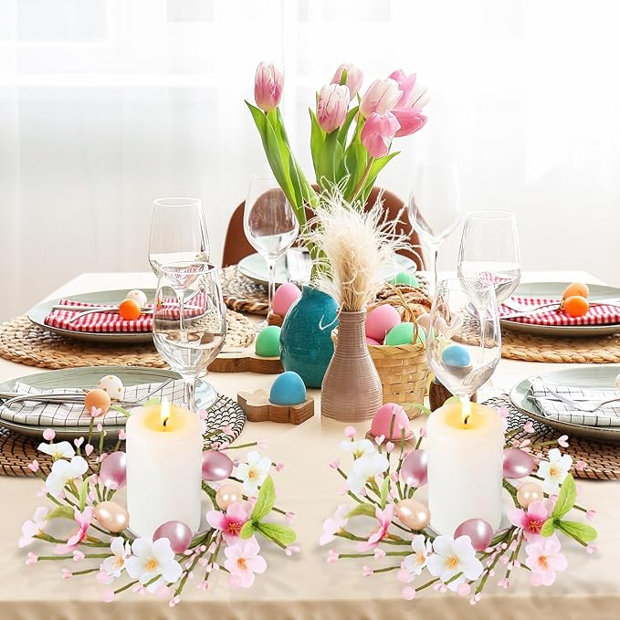 6 PCS Small Easter Wreaths for Kitchen Cabinet Mini Artificial Easter Egg Flower Wreath for Front Door Spring Summer Hanging Wreath with Pink Ribbon Berry for Home Porch Wall Window Farmhouse Decor