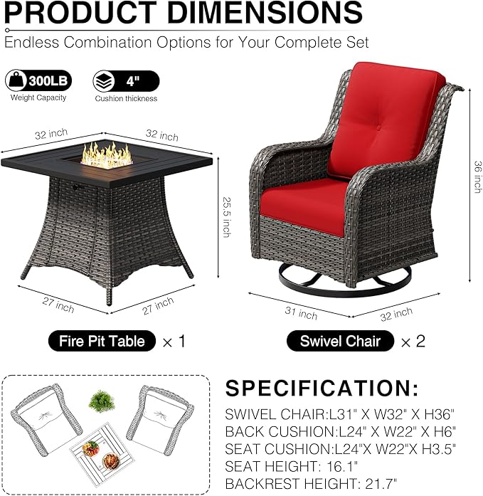 Joyside 3 Piece Wicker Patio Furniture Set with Fire Pit Table, Outdoor Swivel Rocker Patio Chairs with High Back, Deep Seating, Wide Armrest, Thickened Cushions, Outdoor Furniture for Deck, Porch Use