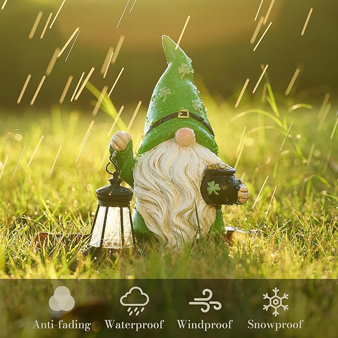 TERESA'S COLLECTIONS St Patricks Decorations for Outdoor Decor, Resin Garden Gnome Holding Lantern with Solar Lights for Porch,Shamrock Leprechaun Figurine for Outside, Irish Gifts for Home,8"