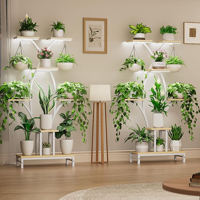 VOZZYOTO Plant Stand Indoor with Grow Lights - 7 Tiered Metal Corner Shelf for Multiple Plants, 63" Corner Plant Stand for Indoor Plants, X-Shaped Plant Rack for Home, Living Room, Office & Patio Decor