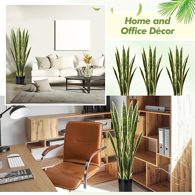 Crowye 6 Pack 3.15 Ft Tall Artificial Snake Plant Faux Sansevieria Plant Large Fake Snake Bulk in Pot for Home Office Housewarming Gift