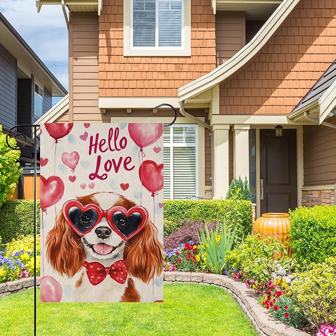 Valentine's Day Cavalier-King-Charles Spaniel Hello Love Garden Flag, House Yard Plaid Love Heart Outside Decoration, Spring Holiday Wedding Anniversary Outdoor Small Decor 12x18(12638)
