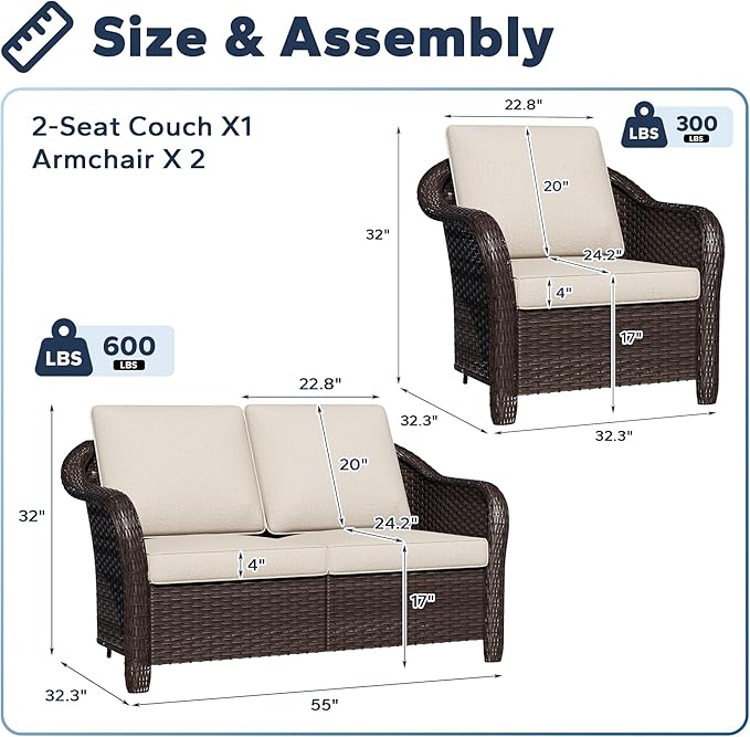 5 PCS Outdoor Conversation Set | 55" Couch, 4 Chairs, Patio Wicker Conversation Furniture with Removable Cushions for Bistro, Deck, Sunroom (Beige)