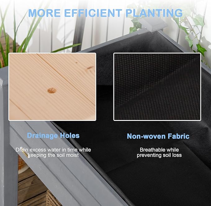 Outsunny Raised Garden Bed with Legs, 48" x 22" x 30", Elevated Wooden Planter Box, Self-Draining with Bed Liner for Vegetables, Herbs, and Flowers Backyard, Patio, Balcony Use, Dark Gray