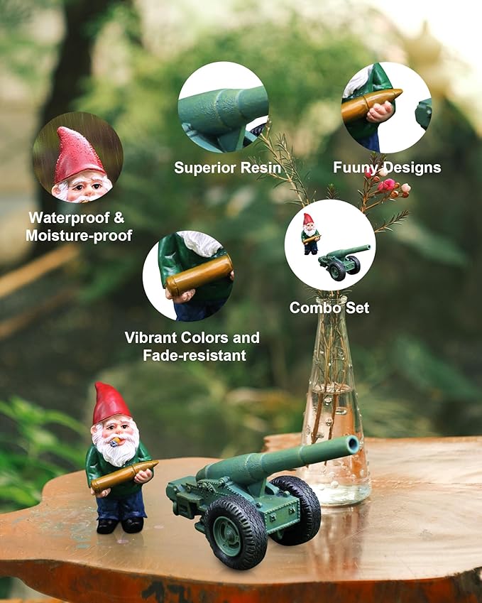 Military Garden Gnome Statue with Cannonball and Cannon Cart, Funny Tactical Gnome Decorations Figurine Ornament for Indoor Outdoor Lawn Statue Patio Yard, Halloween Christmas Thanksgiving Gifts