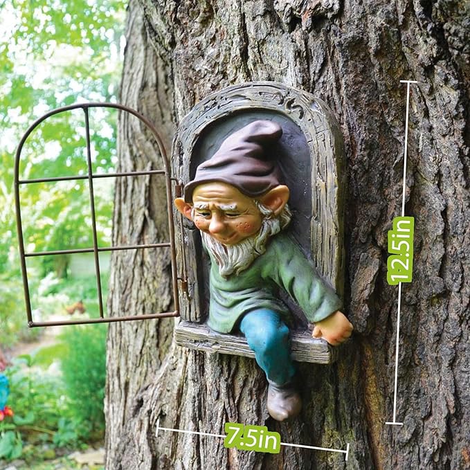 Elenon Gnome Big Tree Faces Garden Decor, 13 inch Gnome Coming Out of Tree Outdoor Decorations, Fairy Elf Hugger Whimsical Peeker Sculpture Yard Patio Art
