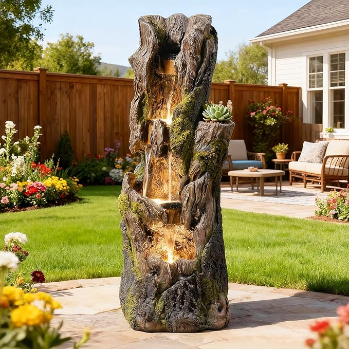 Water Fountain Outdoor 4 Tier Large 43.7 in High Cascading Wood Waterfall with LED Lights, Realistic Tree Sculpting Natural Waterfall Outdoor Fountain for Yard, Garden, Patio, Porch