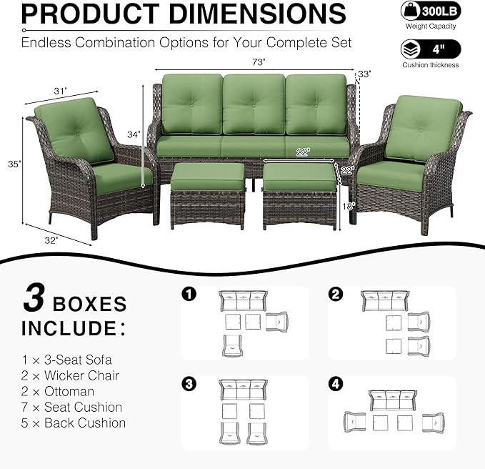 Joyside 5 Piece Wicker Patio Furniture Set, Rattan Patio Chairs with High Back, Deep Seating, Wide Armrest, Thickened Cushions, Outdoor Furniture for Deck, Porch Use
