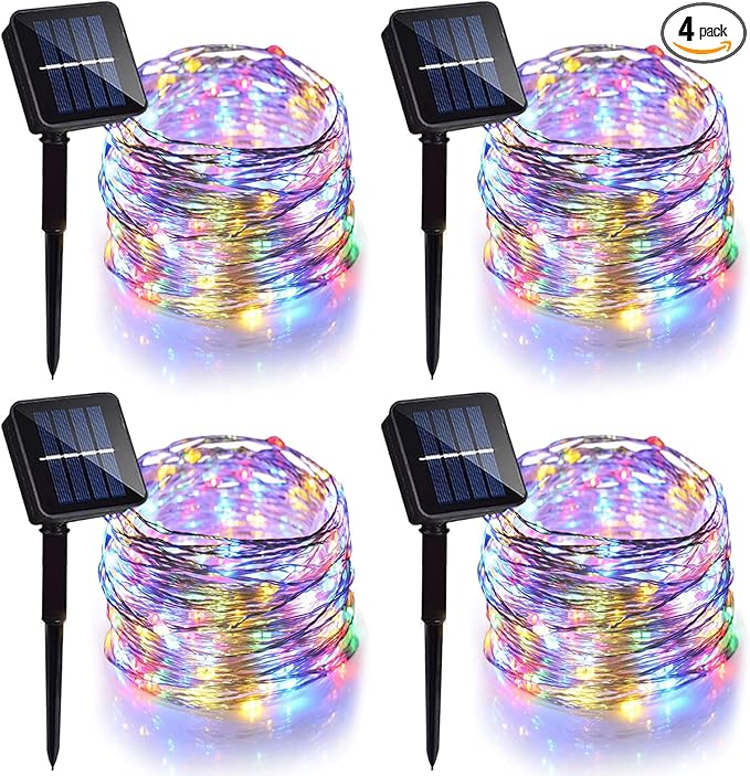 4 Pack Solar Fairy Lights 131.2Ft 400 LED, Twinkle Lights with 8 Modes, Waterproof Silver Wire String Lights for Garden Patio Party Weding Decorations (Multicolor)