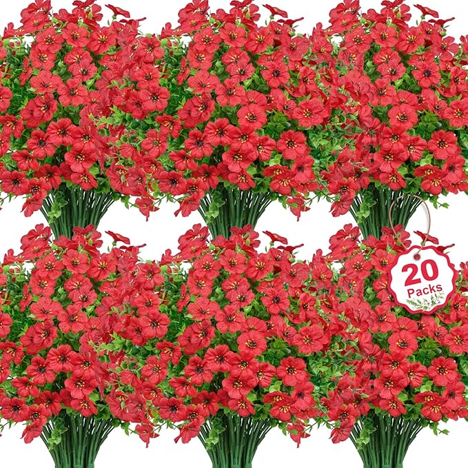 Besteek 20 Bundles Artificial Flowers for Outdoors Decoration Fake Silk Flowers UV Resistant Faux Plants Artificial Daisy Eucalyptus for Spring Summer Garden Yard Porch Window Home Decor, Red