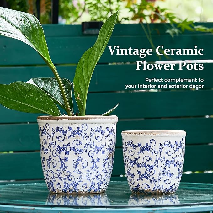 Teweiqi Vintage Ceramic Planter Without Drainage Hole, 6.5 Inch - Indoor/Outdoor Flower Pot for Orchids, Succulents, Blue Floral Rustic Farmhouse Plant Pot for Home, Office & Garden Décor, Ideal Gift