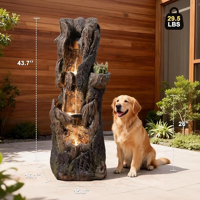 Water Fountain Outdoor 4 Tier Large 43.7 in High Cascading Wood Waterfall with LED Lights, Realistic Tree Sculpting Natural Waterfall Outdoor Fountain for Yard, Garden, Patio, Porch