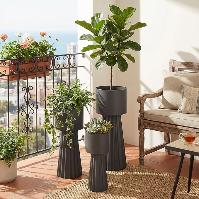 Wennzy Tall Round Flower Pots, Set of 3 Metal Planters for Indoor Outdoor Plants, Large Planter Pot, Planters for Garden Front Porch Patio, 22.83", 26.77", 29.72" H, Dark Gray