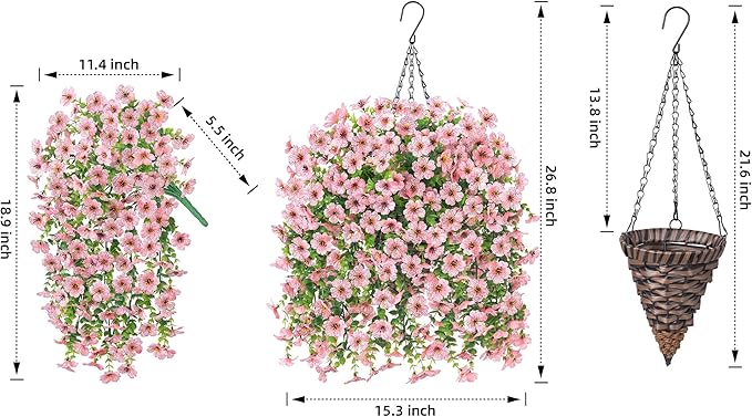 HyeFlora Artificial Hanging Flowers Basket for Outdoor, Fake Flowers Faux Plants Look Real for Yard Gardens Porch Patio Home (Pink)