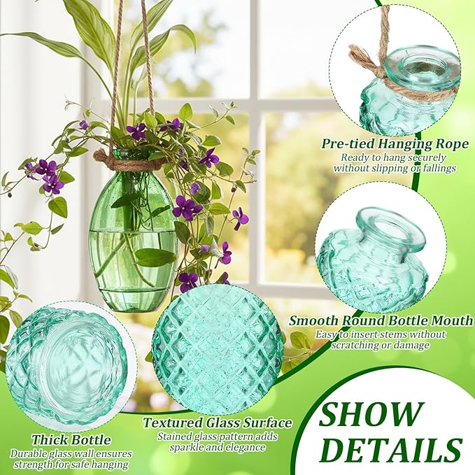 Teecyhooo 6 Pcs Stained Glass Hanging Vases Colorful Glass Terrariums with Rope Small Hanging Planters Pot Containers for Air Plants Flowers Garden Home Wedding Decor(Green Series)