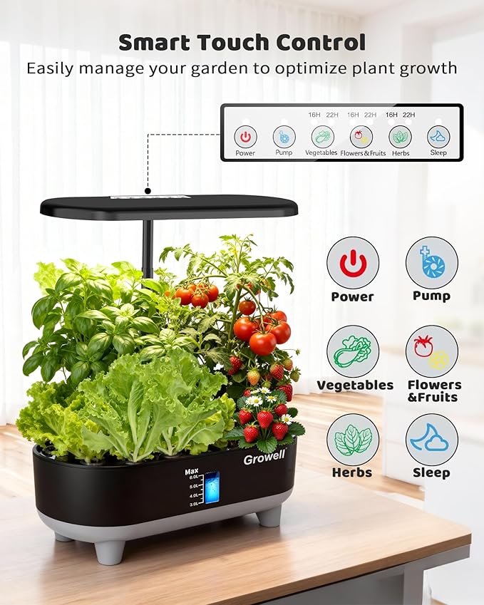 Hydroponics Growing System Kit, 16 Pods, Vertical 8L Indoor Gardening System for Herb Vegetable Fruit, with LED Grow Light, Smart Water Circulation, 3 Light Modes & 2 Timer, Black