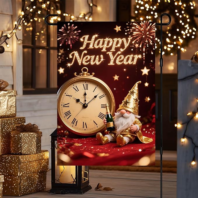 Happy New Year Garden Flag Gold Gnome Banner 12x18 Inch Double Sided Flag Outdoor Yard Decoration with Clock Image for Home Lawn Porch House Seasonal Holiday Garden Flags Outdoor Decor