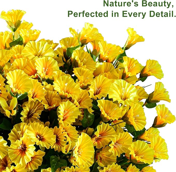 Artificial Morning Glory Flowers Plants for Outdoor 8 Pcs Faux Silk Petunias Flower Realistic Faux Flowers Plants for Outside Planter Porch Yard Patio Balcony Home Indoor Decor (8 Pcs Yellow)